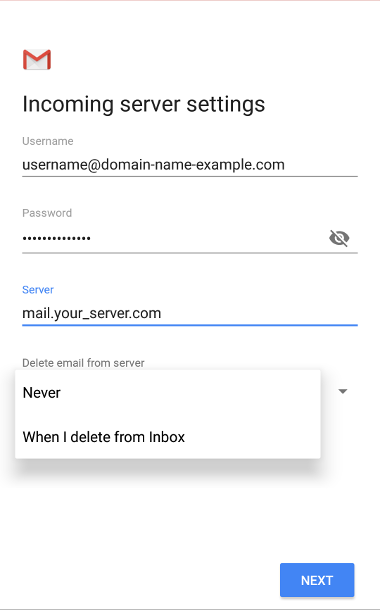 Incoming Server Settings Screen