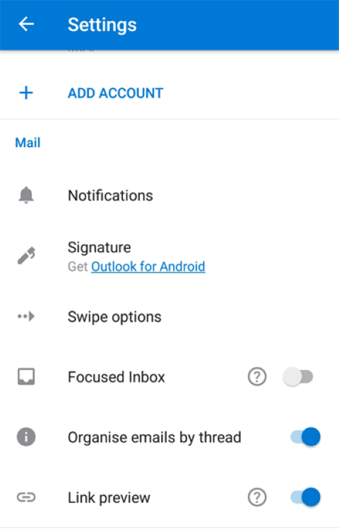 Outlook Settings screen
